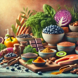 composition showcasing an assortment of superfoods on a wooden kitchen table. The scene includes blueberries, kale, salmon, chi