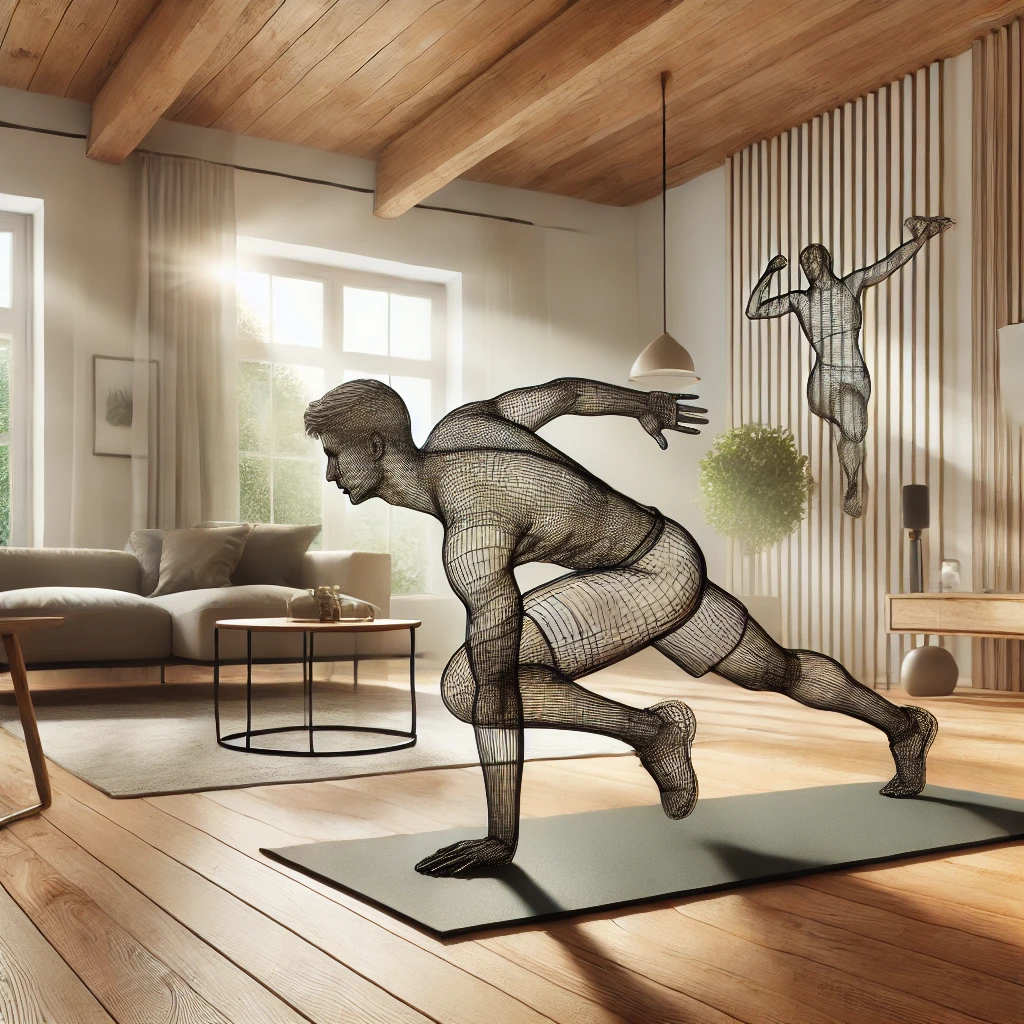 scene showcasing a person performing calisthenics at home. The individual is depicted in mid-action doing a plank or a lunge