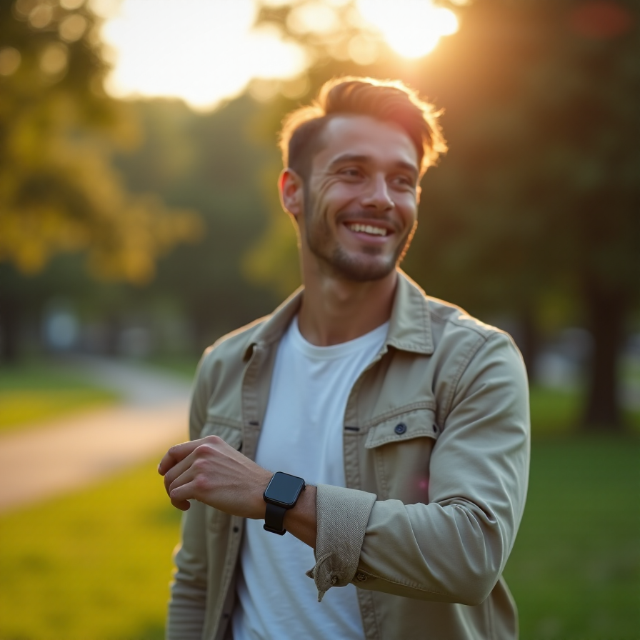 a person is calmly walking in the park and wearing a smartwatch